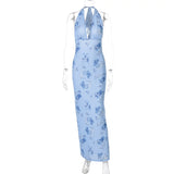 Summer Backless Print Maxi Dress Women Beach Holiday Gown Elegant Halter Deep V Neck Sleeveless Bodycon Long Dress