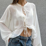 Pbong  White Bandage See Through Blouses Women Clothing Flare Sleeve Vintage Ruffled Shirts  Loose Fashion Top