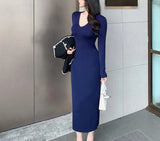 Solid Color Basic Simple Knitting Long Dress New V-neck Slim Fashion Autumn Women's Dress Sexy Chic Tight Female Winter Vestidos
