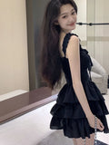 Sexy Slip Lolita Style Black Dress Women Vintage Sleeveless Y2K Mini Dress Summer Slim Sweet Korean Lace Up Cake Dress New