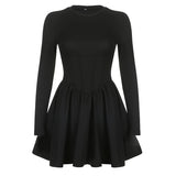 Black Long Sleeve O Neck Pleated Dress