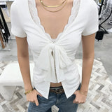 Pbong  High Street American Spliced Lace Fake Two Piece Y2k Pleated Bow Design Spice Girl Clothes Summer Sweet Casual Punk Tops
