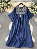 Pbong  Summer New Vestidos Para Mujer Lace Up Embroidery Pleated Patchwork Short Sleeve Dress Vintage Casual Loose Women Clothing