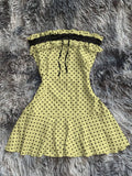 Pbong  Women Frill Trim Polka Dot Print Contrast Lace Strapless Mini Dress