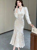 Women Autumn French Vintage Velvet Long Sleeve Mermaid Prom Dress Style Elegant Slim Bodycon Evening Party Clothes Vestidos New