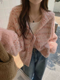 Mohair Sweet Pink Cardigan Sweater Women Elegant Lazy Wind Chic Knitted Coat Loose Long Sleeve Fashion High Quality Tops