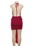 Tassel Dress Women Backless Patchwork Summer Lace-Up Halter Deep V-Neck Pleated Midnight Club Party Mini Bodycon