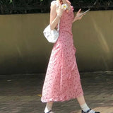 Pbong  Summer Korean Style Sweet Floral Print Slimming Bell Sleeve Mid-Length Strapless Dress Women's Fashion High Waist A-Line Skirt