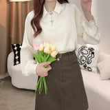 Pbong  Long Sleeve Shirts Womens Striped Ruffled Slim Fit Turn Down Collar Feminine Minimalist Romantic Preppy Youthful Spring Clothing