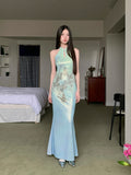 Butterfly Sleeveless Long Elegant Dresses For Woman Bodycon Halter Modest Maxi Ladies Mermaid Evening Dress Summer