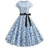 Retro Women's round Neck Printed Dress with Sleeve Ribbon Large Swing Black Silk Vintage Style Cleanfit mid Waist Cotton Dress