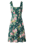 Pbong  French Retro Floral Print Maix Dresses for Women Square Collar Bow Strap Slimming Slit Design for Beach Vacations