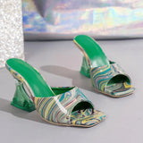 Woman Slippers New Summer Camouflage Transparent Strange Crystal High Heels Sandals Women Square Toe Mules Lady Pumps Slides