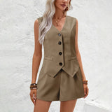 Summer Women Elegant Solid Waistcoat Shorts Set Sleeveless Vest Top+High Waist Slim Shorts Lady Office Casual 2 Pieces Set
