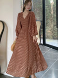 Woman Vintage Polka Dot Long Dresses Elegant V-Neck Slim Lantern Sleeve Dress Holiday Prom Evening Female Clothing Outfits New