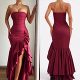Pbong  High Quality Floor Length High Fork Pleat Strapless Sleeveless Wedding Party Dress Vestidos Para Bodas Mujer Invitada