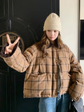 Warm Vintage Plaid Parkas Women Loose Long Sleeve Winter Thick Cotton Coat Korean Casual Pockets Cute Sweet Jacket Tops New