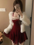 French Elegant Red Party Velvet Mini Dress Women Fashion Patchwork Princess Vestidos Female Spring Autumn Graduation Clothes