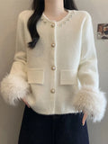 Elegant Pearls Sweet Cardigan Women Vintage O Neck Faux Mink Cashmere Knitted Sweaters Korean Casual Long Sleeve Loose Tops