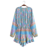 Pbong  Open Button V neck Flower Print Full Raglan Sleeve Bodysuits Women Elastic Bow Sashes Short Jumpsuits Romper Holiday