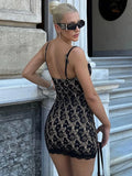 Lace Spaghetti Strap Sexy Mini Dress For Women Robe Fashion Off-shoulder Sleeveless Backless Floral Print Skinny Dress