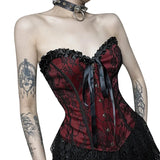 Pbong  Tube Top Gothic Printed Lace Trim Sleeveless Metal Buttons Lace-up Corsets Tank Top Court Elegant Fairy Grunge Top