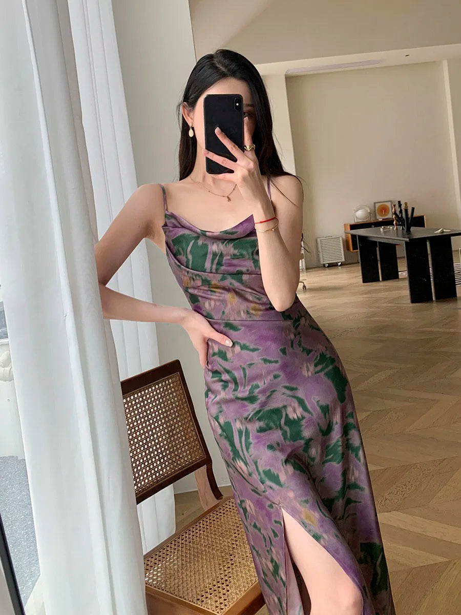 Tie-dye Maxi Prom Dress Sexy Evening Party Dresses Bodycon Spaghetti Strap Summer Dresses for Women