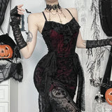 Mall Goth Dress Women Fairycore Grunge Spaghetti Strap Lace Patchwork High Waist Bodycon Dress Partywear