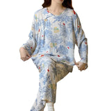 Pbong  Women Two-piece Set Pajamas Set Girls Chinese Style Printing Sleepwear Round Neck Long Sleeved Top Loungewear Casual Homewear