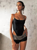 Street Women 2 Piece Set Leopard Print Tracksuit Stretch Sleeveless Bodysuit Tops+Wide Waist Shorts Matching Outfits