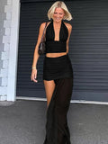Women V neck Vest Skirts Set Slim Sexy Halter Tanks Top  Mesh Splice Slit Long Skirt Solid Casual Two Piece Set Female