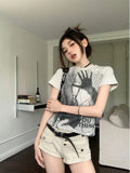 American Personality Vintage O Neck Short Sleeve T Shirt Harajuku Japanese Summer All Match Popular Crop Top Print Clothing