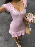 Pbong  Women's Fashion Polka Dot Print Ruffle Trim Bow Tie Dress Pink Polka Dot Dress Picnic Dress For Ladies Doll Dress For