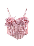 Pbong  Sexy ort Sexy Vest Women's Summer Faion Slimming Waist Belted Fibone Strapl Crop Top with 3D Flower Embroidery Breat...