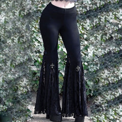 Goth Mall Flare Pants Sexy Black Lace Patchwork High Waist Vintage Harajuku Hippie Punk Grunge Streetwear  Y2k Pants