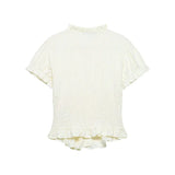 Pbong  Women Ruched Trim Round Collar Tops Fashion Single Breasted Puff Short Sleeve Blouses Female Bow Lace-Up Pleated Elastic Shirts