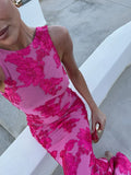 Embroidery Flower Backless Long Dresses Sexy Sling Slim Fit Robes Female Summer Long Ruffles Sleeve Short Dress Party Streetwear