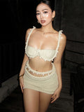 Sexy Crochet Applique Patchwork 2 Piece Set Women  Backless Crop Tops+Bandage Hollow Skirts Vacation Beach Party Suits