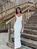Elegant 3d Flower Sling Maxi Dress Women Deep V-neck Sleeveless Beach Dresses Summer New White Lady Chic High Street Robes