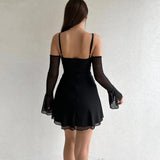 Women Sexy Spaghetti Strap Short Mini Dress Casual Solid Color Low Neck with Sleeve Bodycon Dress Club Party Y2KStreetwear