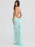 Lace Backless Sexy Maxi Dress Women Gown Halter Lace-up Sleeveless Bodycon Elegant Ruffle Beach Club Long Dress