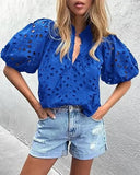 Pbong  Fashionable Casual Lace Embroidery Women's Shirt V-Neck Button Hollow out Lantern Sleeve Summer Top Cross-Border Clothing