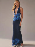 Deep V Neck Print Sexy Maxi Dress Women Gown Blue Halter Sleeveless Backless High Waist Split Long Dress Clubwear