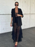 Fashion Sexy Lace Perspective Thin Suspender Long Dress Solid Color Ruffle Black Basic Women Dress Vacation 2025 Summer New