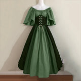Pbong  Halloween Costumes for Women Medieval Retro Contrasting Color Slim Swing Dress One-word Shoulder Dress Love Live Cosplay