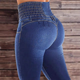 Pbong  High Waist Elastic Denim Jeans Blue Transformable Jeans Women's Fashion High Waist Button Decorated Elasticated Denim Trousers