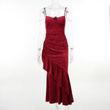 Christmas Red Velevt Dress Women Elegant Mall Goth Fairy Grunge Spaghetti Strap Rose Patchwork Trumpet Dress Partywear