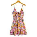 Pbong  Floral Printed Strappy Mini Dress Bow Tie Pink Ruffles Sexy Summer Sundress Chic Backless Party Dresses Ladies Vestido