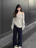 Off Shoulder Sweater for Women Long Sleeve Ribbed Knit Off-the-Shoulder Pullovers Jumper Tops Autumn Winter Y2K 90s Outfit