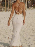 Elegant 3d Flower Sling Maxi Dress Women Deep V-neck Sleeveless Beach Dresses Summer New White Lady Chic High Street Robes